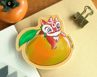 Lion Dance Sticker, Chinese New Year, Red Lion on Orange