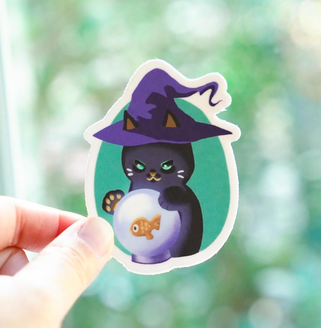 Witch Cat Sticker - Black Cat and the Fish in Crystal Ball - Etsy