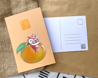 Orange Lion Postcard, Chinese Lion Dance Art, Awakening Lion Postcard, Chinese Art, Chinese Lunar New Year Postcard
