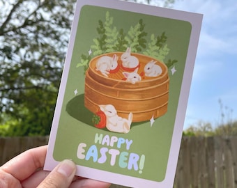 Cute Bunny Dumpling Easter Greeting Card, Asian-inspired Kawaii Steamed Bun Bunny Illustration Card, Spring Holiday Card