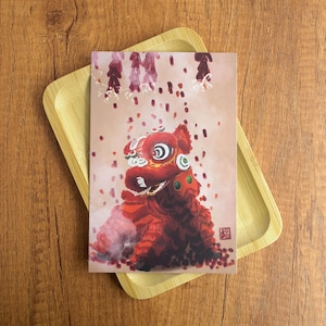Cartão postal de dança do leão, cartão postal do leão chinês/letras pequenas, arte de leão vermelho e crakers de fogo, cartão de felicitações de ano novo lunar, leão da sorte chinês