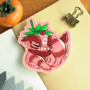 Sticker danse du lion mignon, Sticker lion fraise, Sticker danse du lion chinois, Sticker nouvel an chinois, Sticker nouvel an lunaire