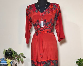 Vintage 70s Red Silk Floral Dress with Tie Belt