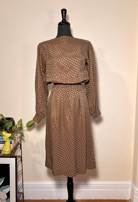 Golden Brown Silk Polka-Dot Dress