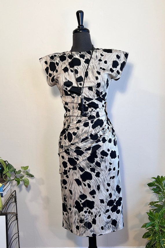Vintage Abstract Cow Print Pencil Dress | 1980's … - image 1