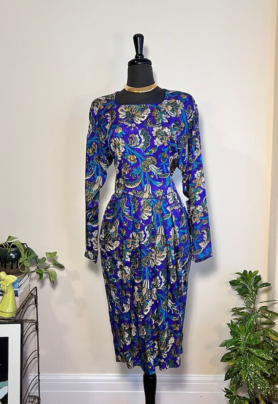 80's Silk Purple Dress | Peacock Colored Paisley F
