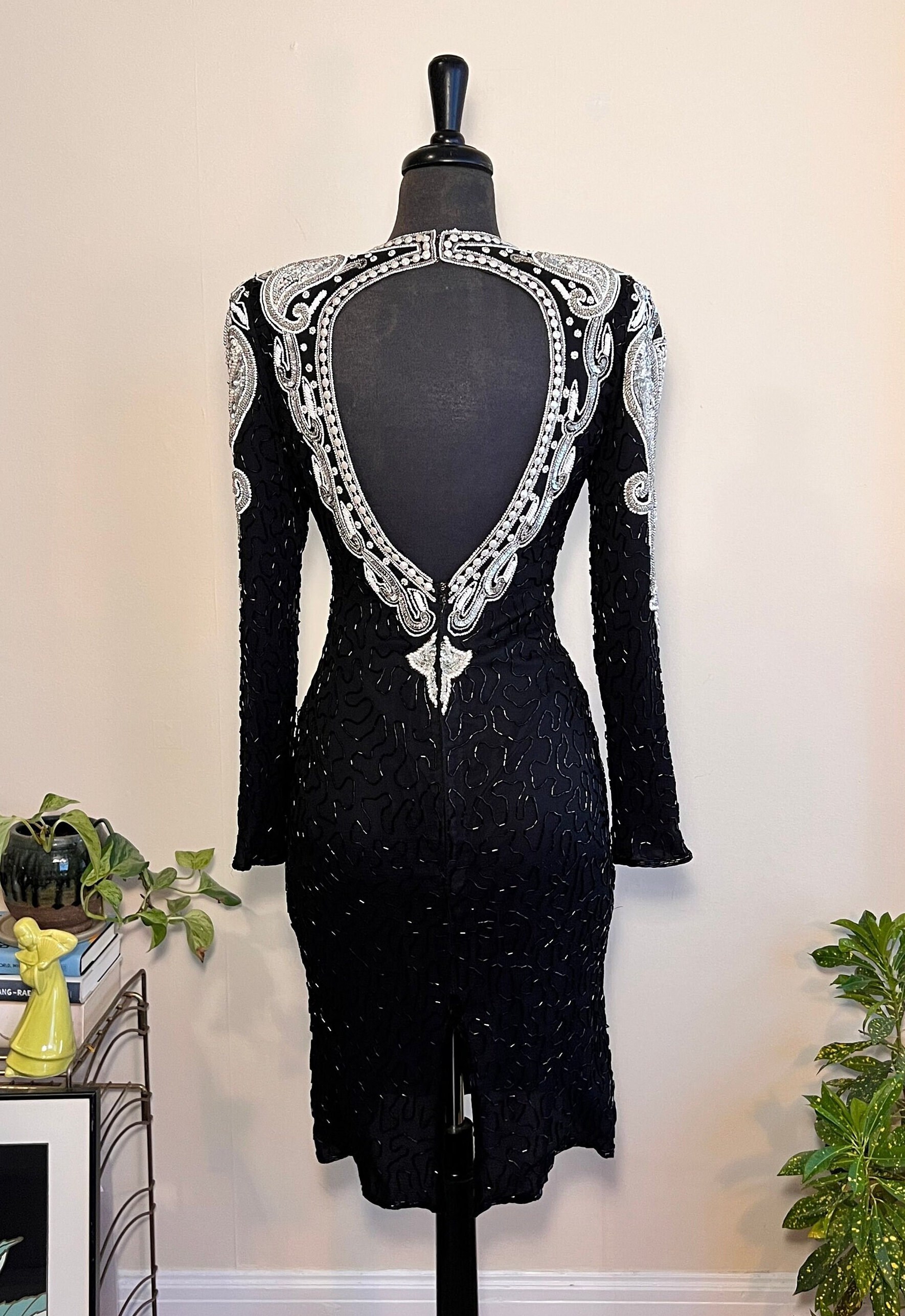 black and silver beaded dress Adrianna Papell Women's Bead Taffeta Long Dress - Balck Silver
