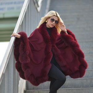 Luxury Cashmere Real Fox Fur Cape for Women - Burgundy Fur Trimmed Wrap, One Size Fits All, Elegant Winter Poncho