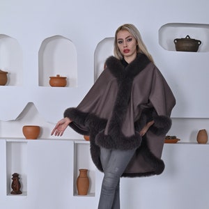 Women cashmere cape with fox fur trim, Warm winter cape with fox fur trim, One size fits all