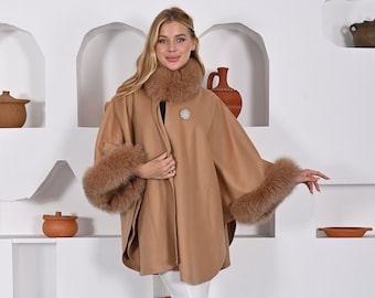 Brown Cashmere Shawl Wrap with Real Fox Fur Trim - Cozy Winter Luxury