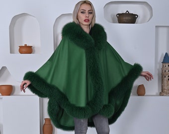 Green Cashmere Cape with  Fox Fur Trim, Womens Poncho, Cape With Real Fox Fur, | One Size Fits All!