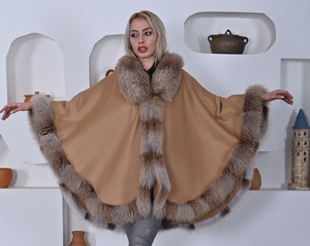 Camel color cashmere cape with Fox Fur, Winter Women Cape with Fox Fur Trim, One size fits all