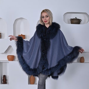 Cashmere Cape with Fox Fur Trim - One Size