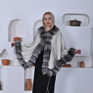Women's Cashmere Cape with Fox Fur Trim and Delicate Sequins | Cozy and Glamorous Wrap, One Size Fits All