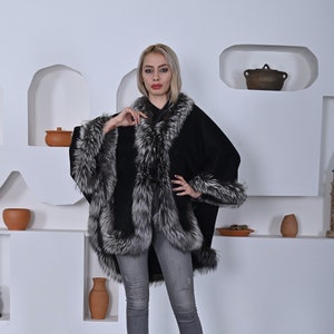 Chic Black Cashmere Cape with Fox Fur Trim – Women Cape, Winter Fashion, One Size Fits All