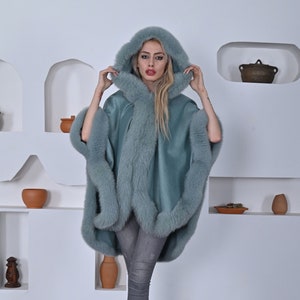 Water Green Cashmere Cape: Fox Fur Trimmed Hoodie - One Size