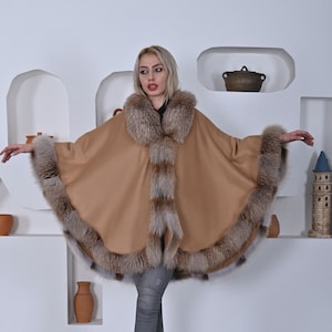 Camel color cashmere cape with Fox Fur, Winter Women Cape with Fox Fur Trim, One size fits all
