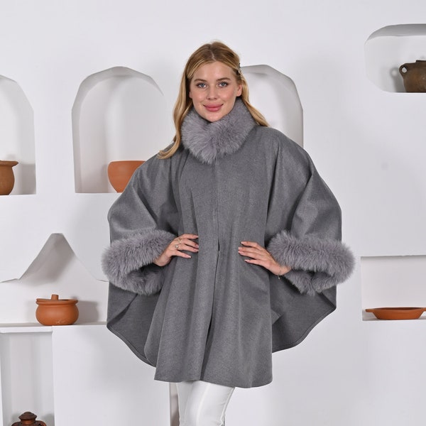 Elegant Gray Cashmere Shawl Wrap with Real Fox Fur Trim - Cozy Winter Luxury