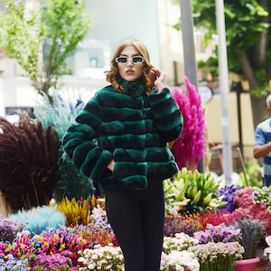 Green Rex Fur Coat: Handmade Luxurious Winter Jacket