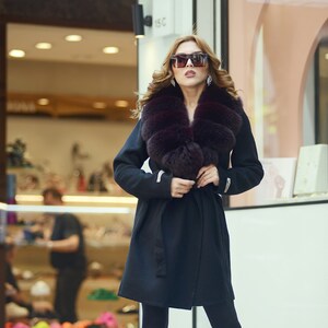 Alpaca Long Coat with Genuine Fox Fur Trim - Belted Winter Jacket