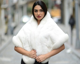 White Fox Fur Stole, Bridal Shawl, Elegant Wedding Wrap & Women’s Winter Cape