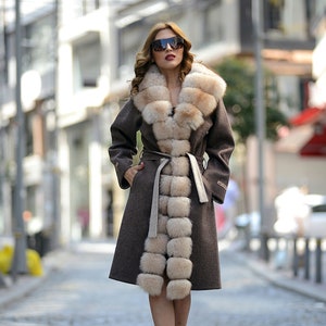 Brown Alpaca Wool Overcoat: Long Fox Fur Trim Coat