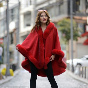 Women Red Cape with Fox Fur Trim | Cozy and Elegant Cashmere Cape for Winter Season, Fur Cape | One Size Fits All