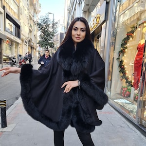 Black Cashmere Cape: Handmade Fox Fur Trim, One Size