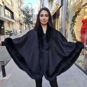 Black Cashmere cape, With Fox Fur Trim, Cape Women, Cozy Cape For Women, Cashmere Cape, | One Size Fits All