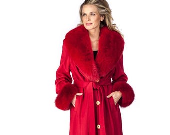 Vintage Valentino Coat, Big Fox Fur Collar, Red Cashmere Jacket
