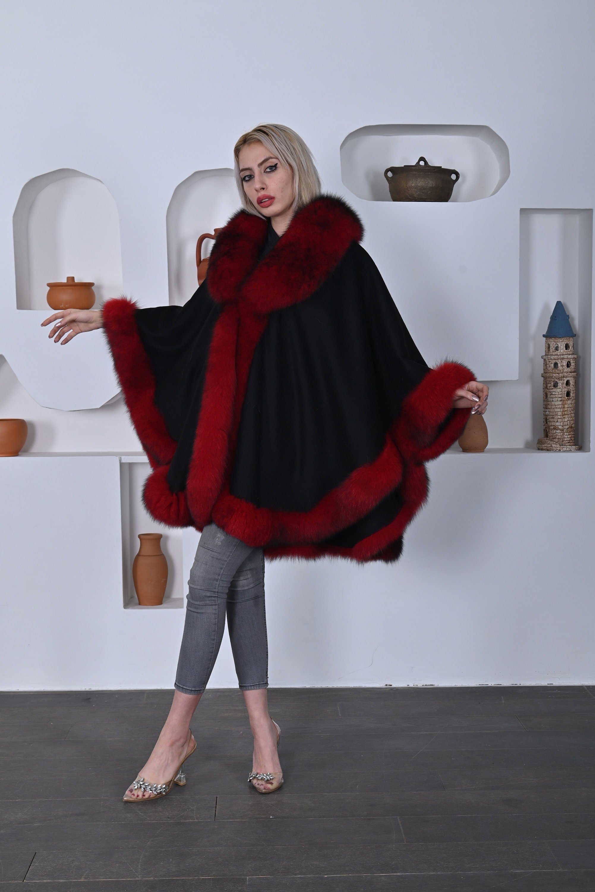 Elegant Cashmere Cape With Fox Fur Trim | Hooded Black and Elegant Cashmere Cape With Fox Fur Trim | Hooded Black and