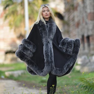 Black Cashmere Cape: Women's Winter Poncho With Grey Fox Fur Trim