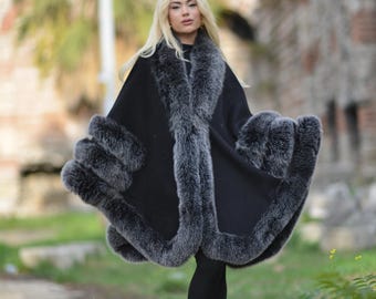 ダークグレーフォックス ファー付きカシミア ケープ ダークグレーフォックス ファー付きカシミア ケープ ダークグレー