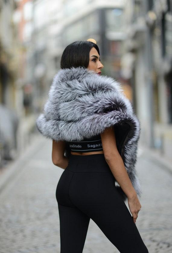 Gray Fox Fur Bridal Wrap: Genuine Finland Fur Stole, Wedding Shawl