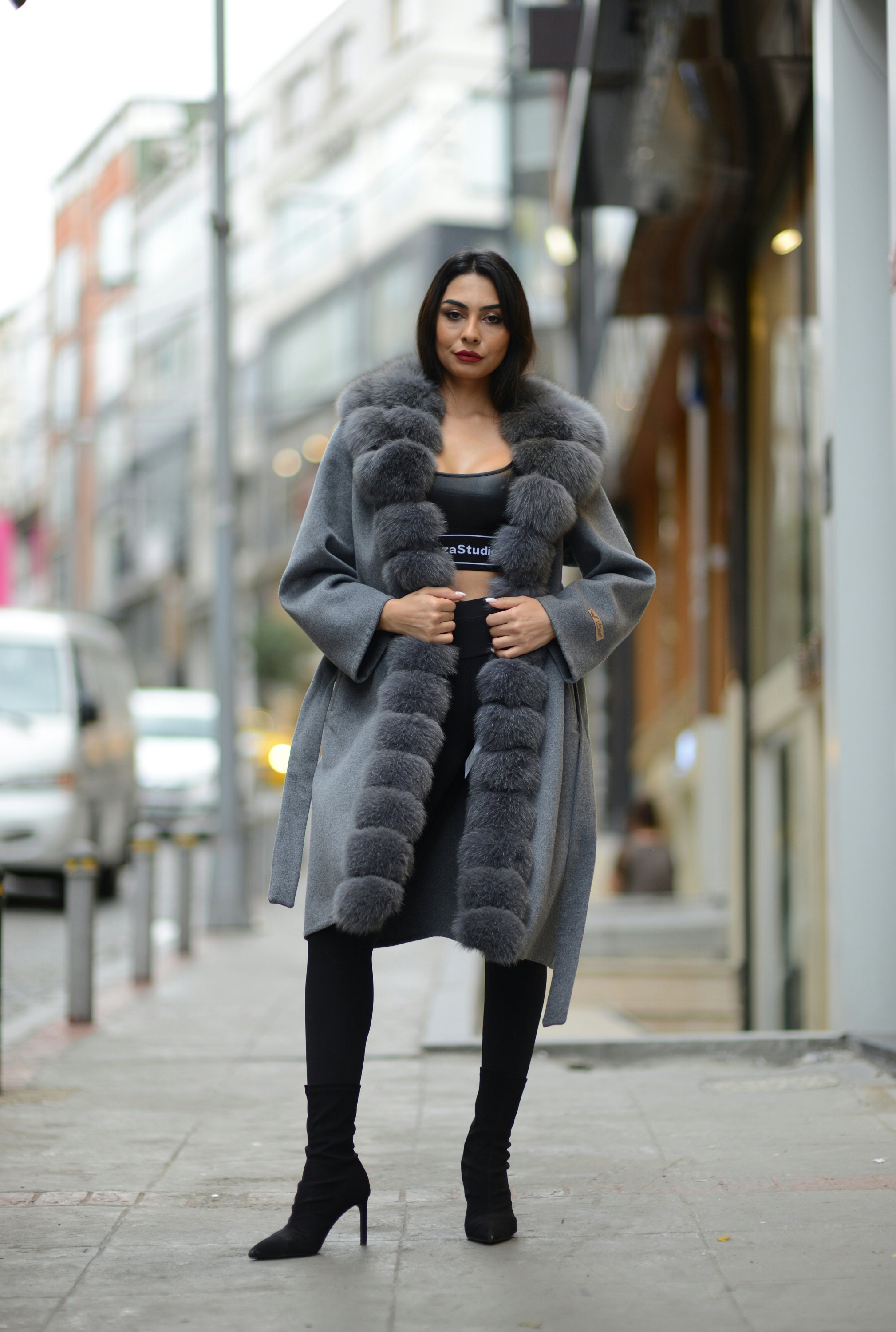 Gray Alpaca Overcoat With Fox Fur Trim - Women's Winter Outerwear