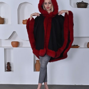 Black Cashmere Cape with Red Fox Fur Trim - Hooded Winter Cape
