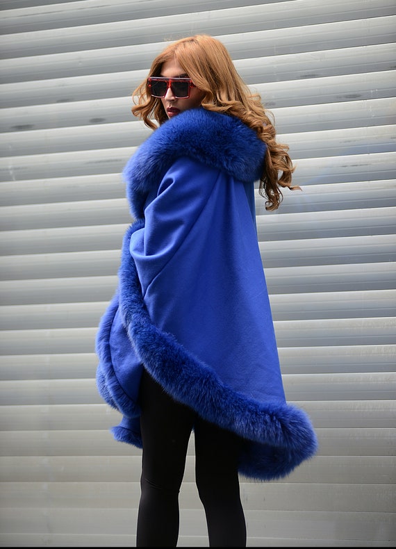 Royal Blue Cashmere Cape: Genuine Fox Fur Trim, One Size - Etsy