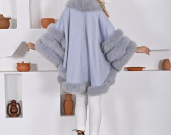 ジャケット・アウター Cashmere Brend Blue Fox fur Poncho Cape Sky Blue Cashmere Cape: Women's Fox Fur Trim Poncho - Etsy