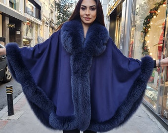 Blue Cashmere Cape With Fox Fur Trim - One Size - Etsy