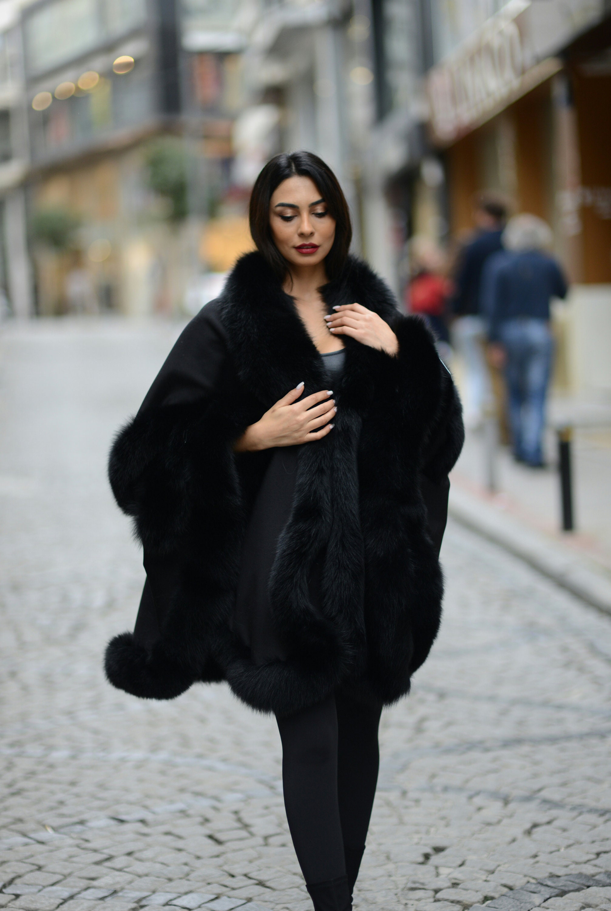 Black Cashmere Cape: Fox Fur Trim, Winter Poncho - Etsy