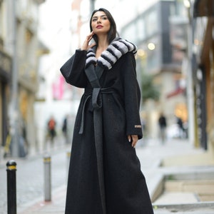Alpaca Long Jacket with Rex Fur Trim - Belted Overcoat