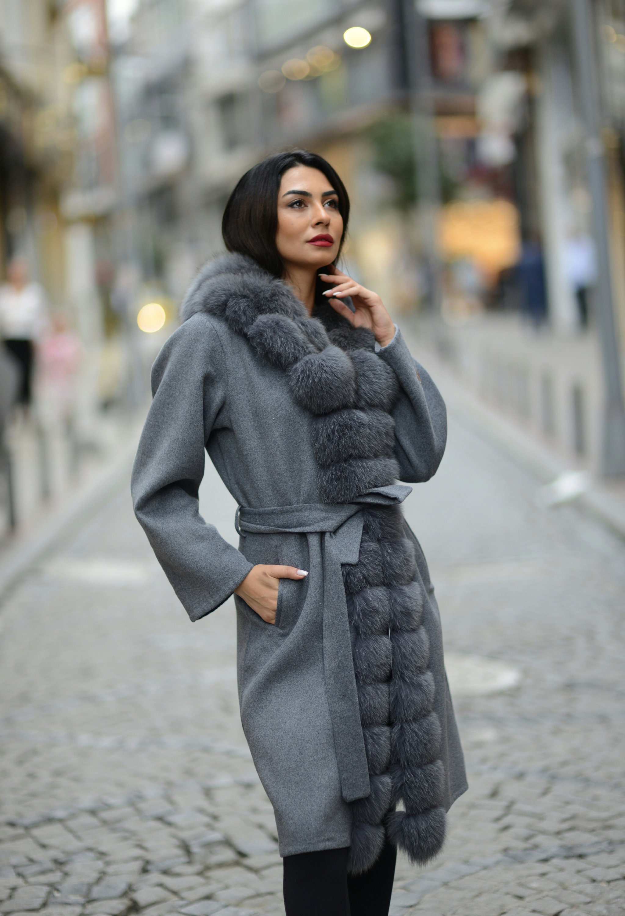 Gray Alpaca Overcoat With Fox Fur Trim - Women's Winter Outerwear