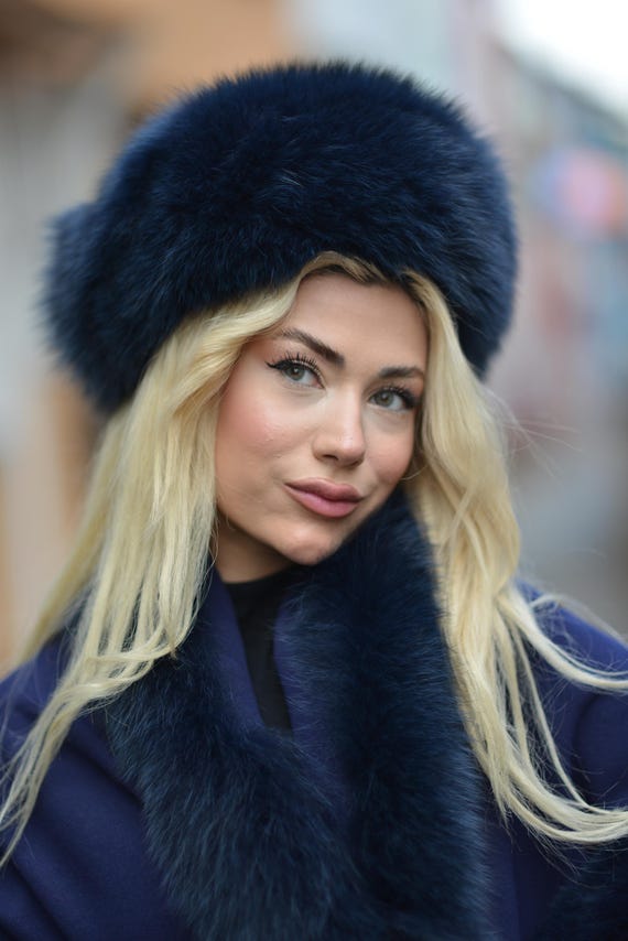 Navy Blue Fox Fur Hat: Elegant Winter Headwear - Etsy