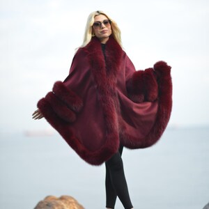 Fur cape, Burgundy Cashmere Cape with Fox Fur Trim – Luxury Winter Poncho for Women, One Size Fits All Cape For women