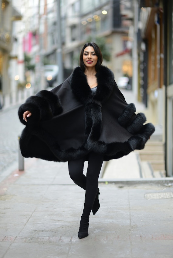 Black Cashmere Cape: Fox Fur Trim, Winter Poncho - Etsy