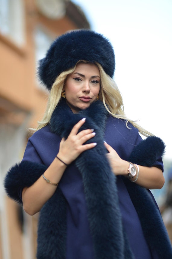 Navy Blue Fox Fur Hat: Elegant Winter Headwear - Etsy display picture 2