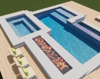 Planos de piscina, spa y chimenea Euphorbia / Diseño industrial moderno (descargable)