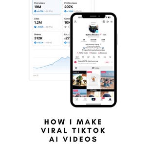 Könnte beinhalten: Ein Smartphone zeigt ein TikTok-Profil und Analysen, zusammen mit einem Diagramm, das wichtige Kennzahlen darstellt. Der Text "HOW I MAKE VIRAL TIKTOK AI VIDEOS" steht darunter, mit einem Tutorial-Angebot, um bis zu 500$ im Monat zu verdienen.