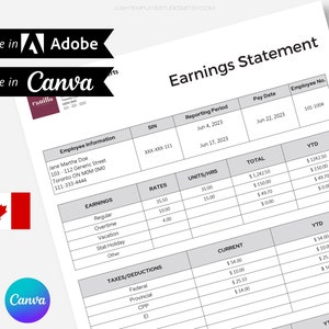 Professional Earnings Statement | Small Business Payroll Cheque | Canadian Pay Stub | Auto Calculating Form