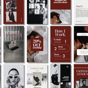 Può includere: Un collage di modelli di storie di Instagram in stile minimalista. I modelli presentano una tavolozza di colori bordeaux, nero e bianco. Il testo include "Website Launch", "20% Off Everything!" e "Excited to Announce".